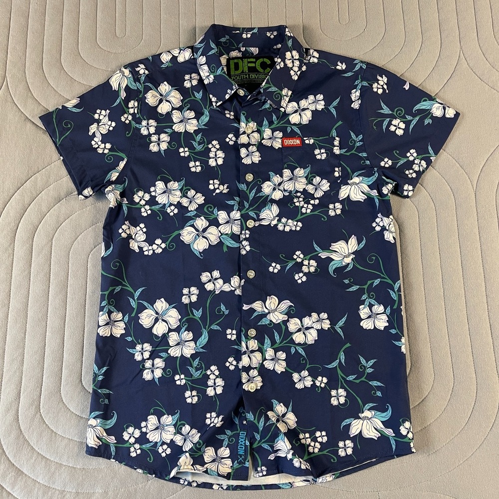 Dixxon DFC Youth Division Hawaiian Shirt Boys Large Floral Navy Button Down Logo